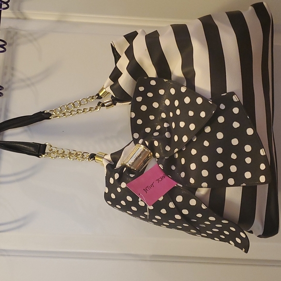 Betsey Johnson Handbags - Betsey Johnson Bowliscious Blk/White Stripes & Large Pocadot Bow